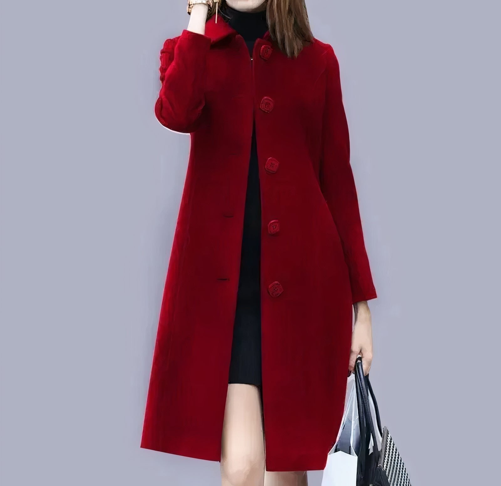 Analia Manteau Femme Élégant – Long Classique avec Col Chic, Boutons & Coupe Confortable