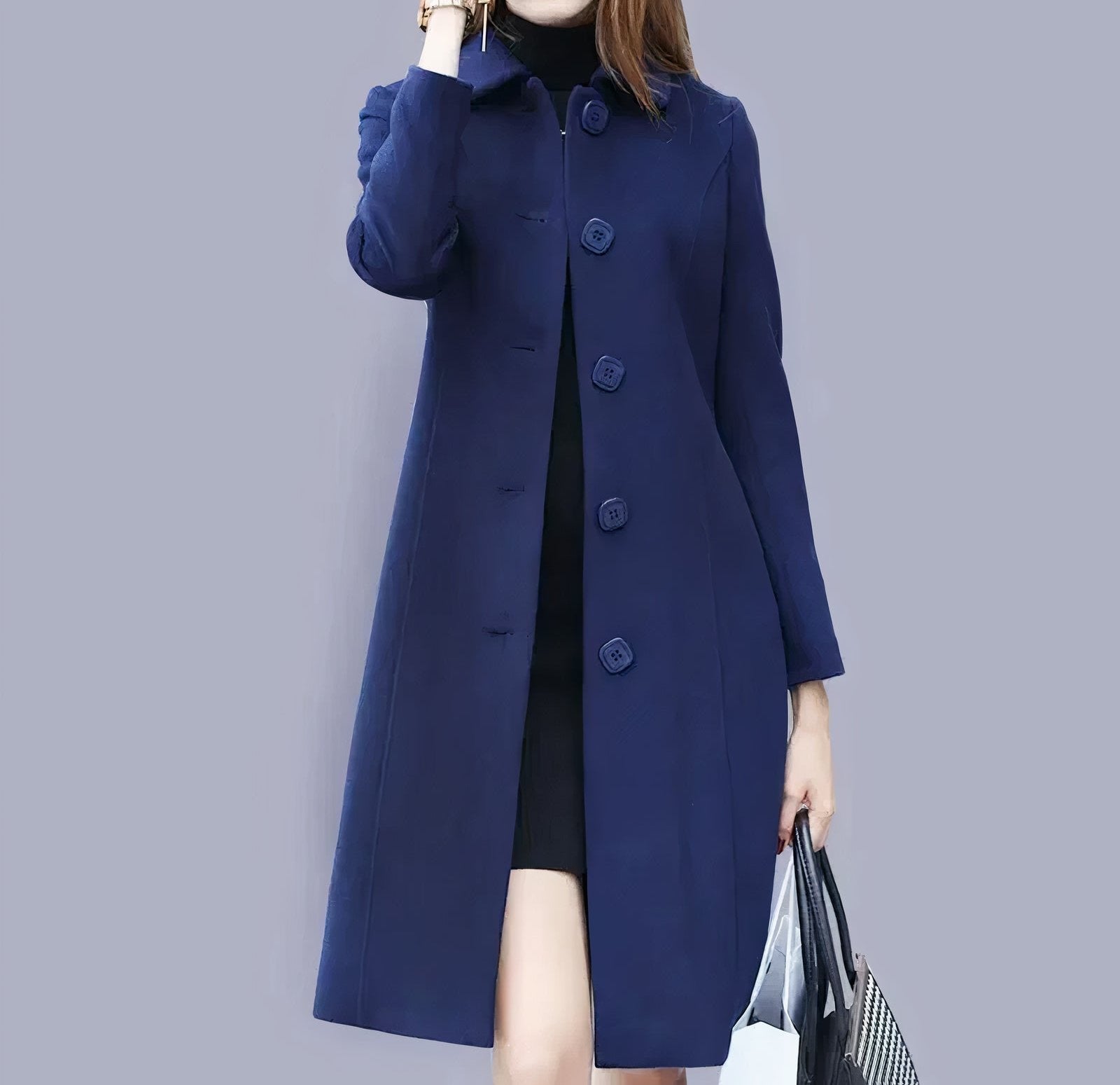 Analia Manteau Femme Elegant – Dlouhý klasický s elegantním límcem, knoflíky a pohodlným střihem