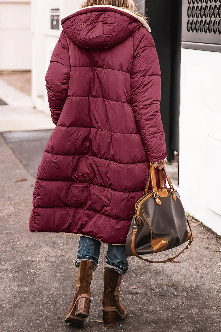 Camila Manteau Long Matelassé pour Femme – Capuche en fausse fourrure et fermeture zippée intégrale