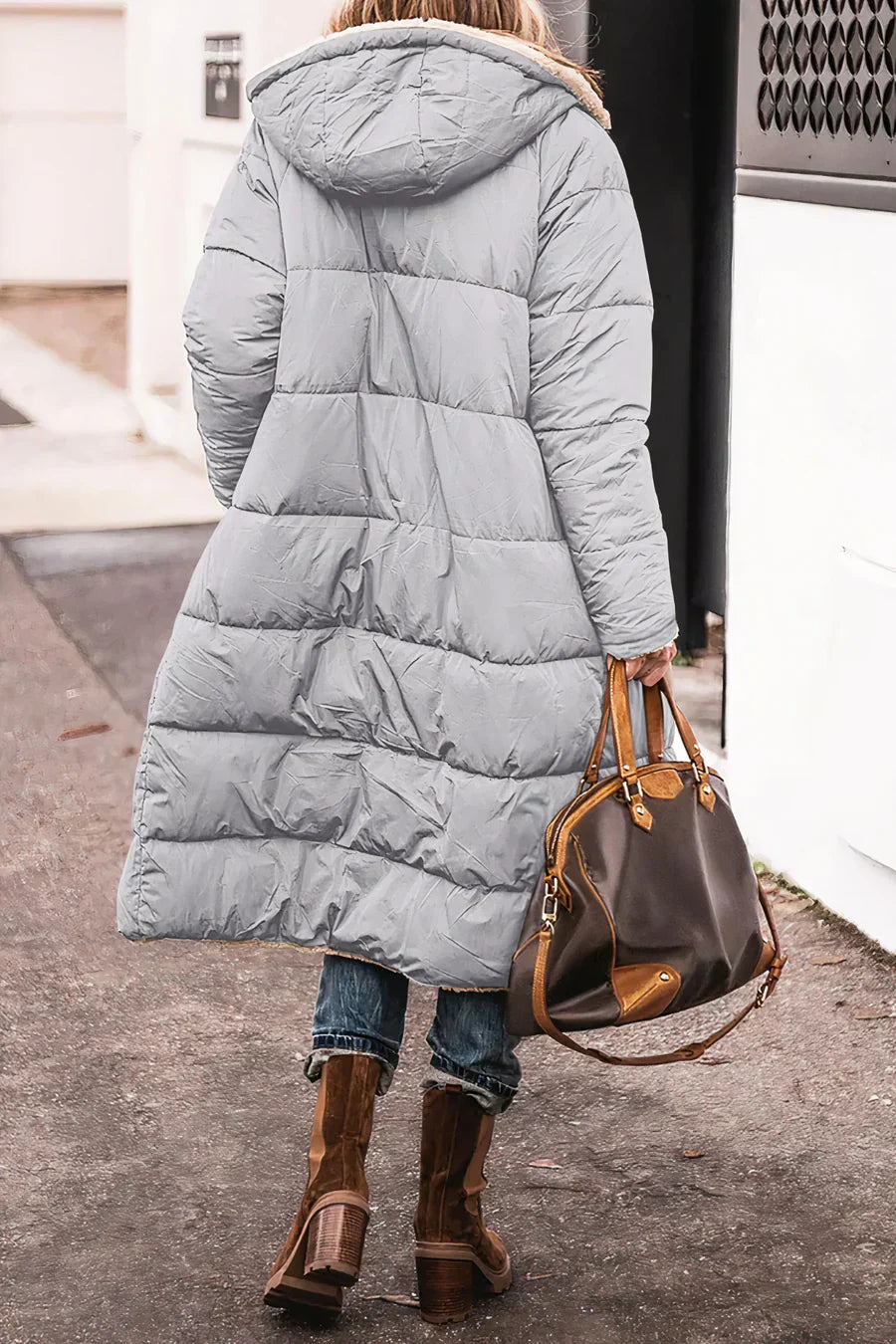 Camila Manteau Long Matelassé pour Femme – Capuche en fausse fourrure et fermeture zippée intégrale