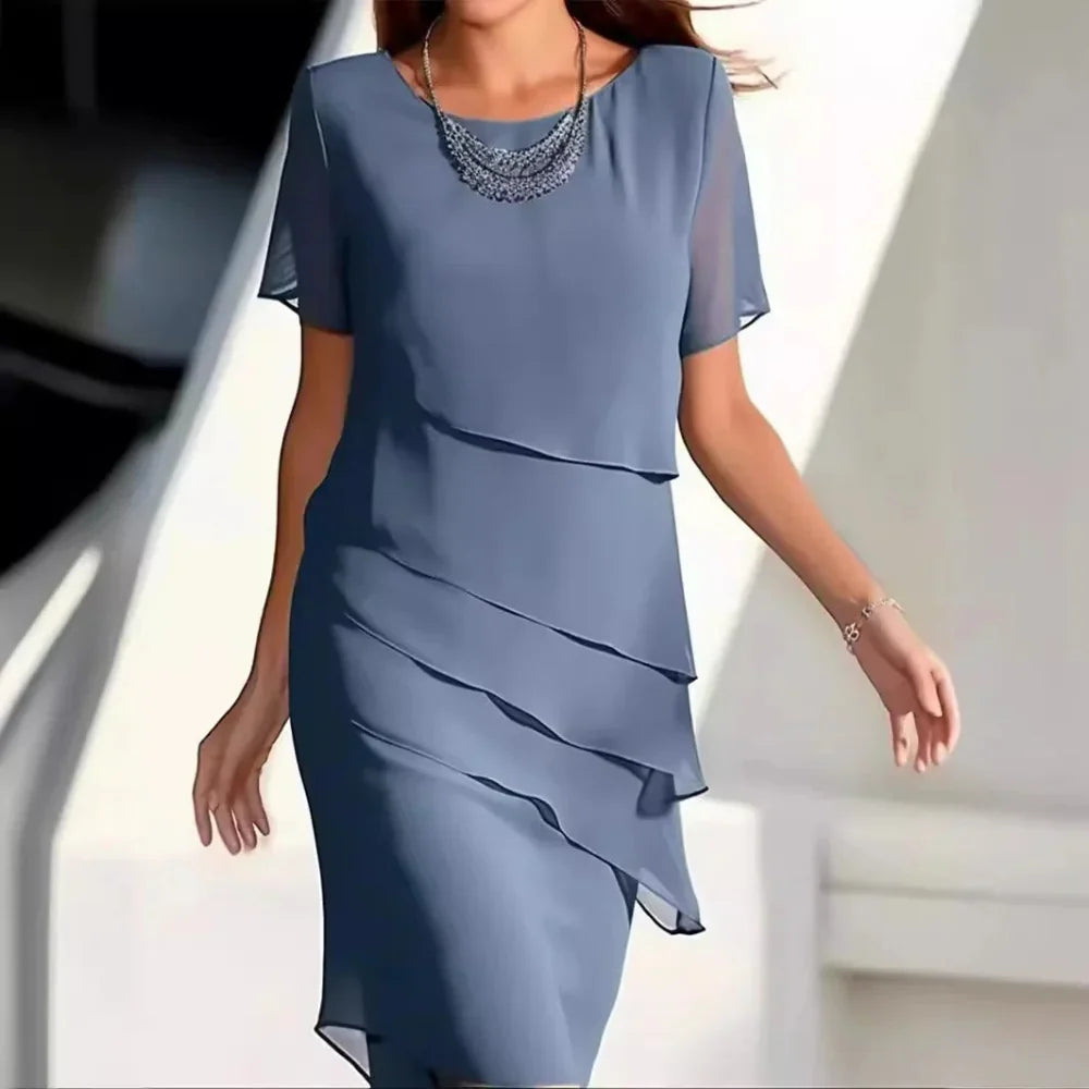 Elena Midi-kjole for kvinner – Elegant chiffonkjole med lagdelt design og raffinerte detaljer