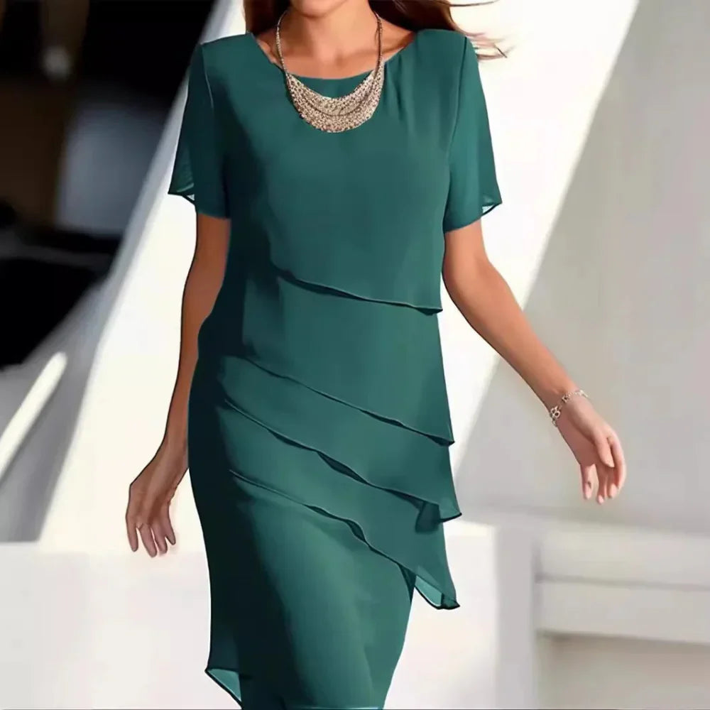 Elena Midi-kjole for kvinner – Elegant chiffonkjole med lagdelt design og raffinerte detaljer