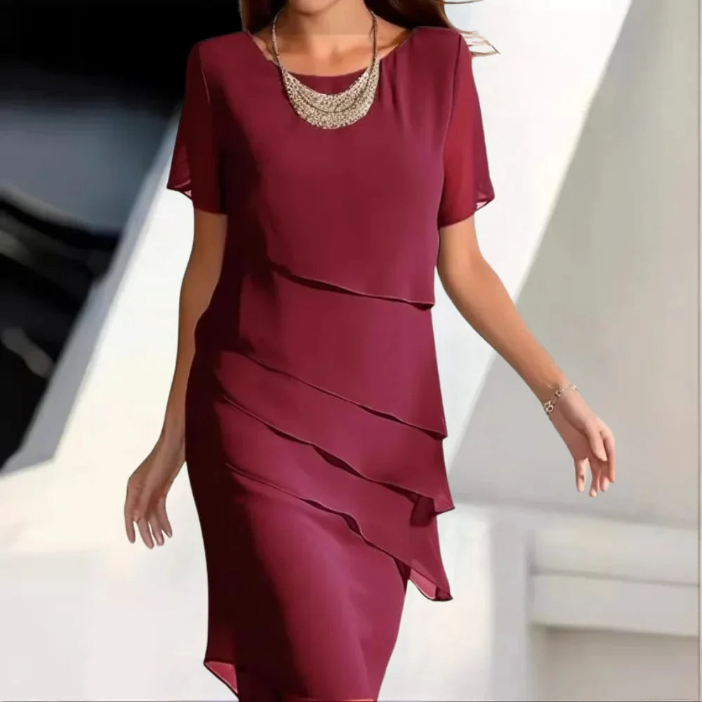 Elena Robe Midi Femme – Robe Élégante en Chiffon avec Design à Étages & Détails Raffinés