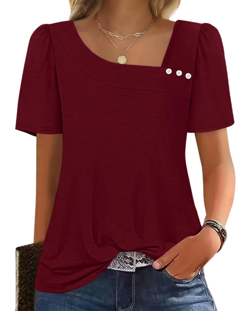 Emina Top Femme – Skjortekrave med knapper, korte pufærmer & elegant casual stil