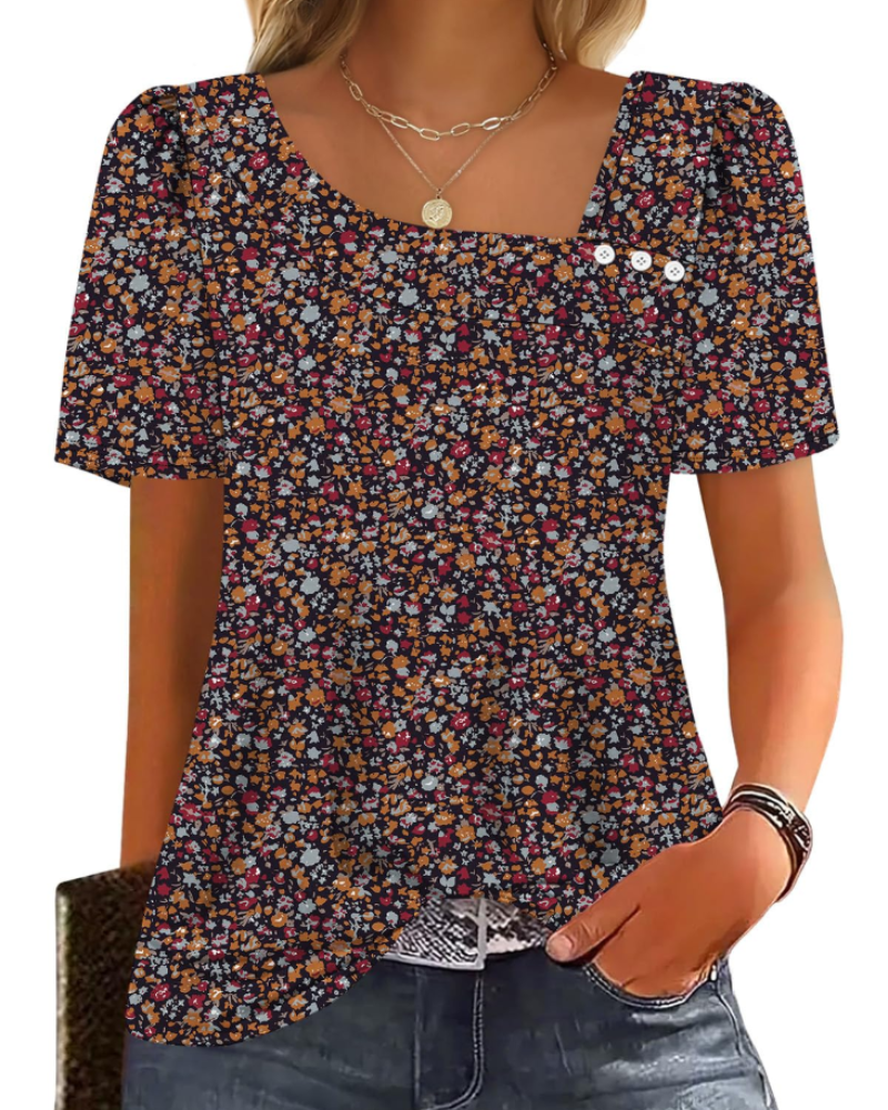 Emina Top Femme – Skjortekrave med knapper, korte pufærmer & elegant casual stil