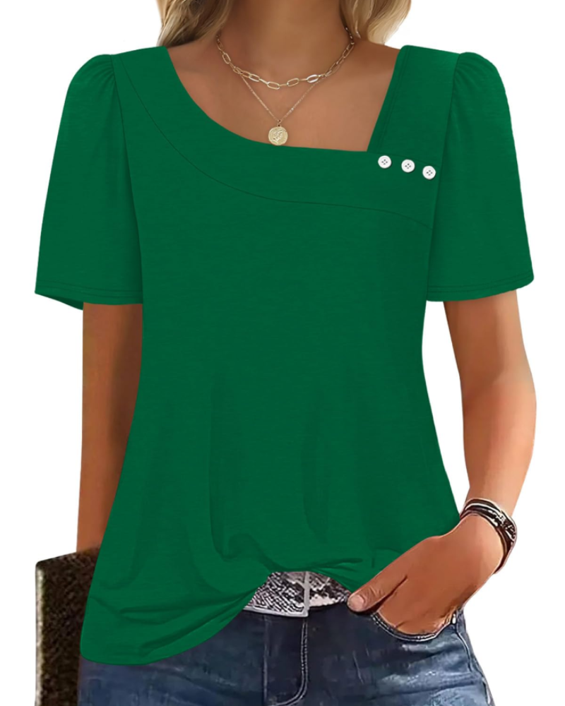 Emina Top Femme – Skjortekrave med knapper, korte pufærmer & elegant casual stil