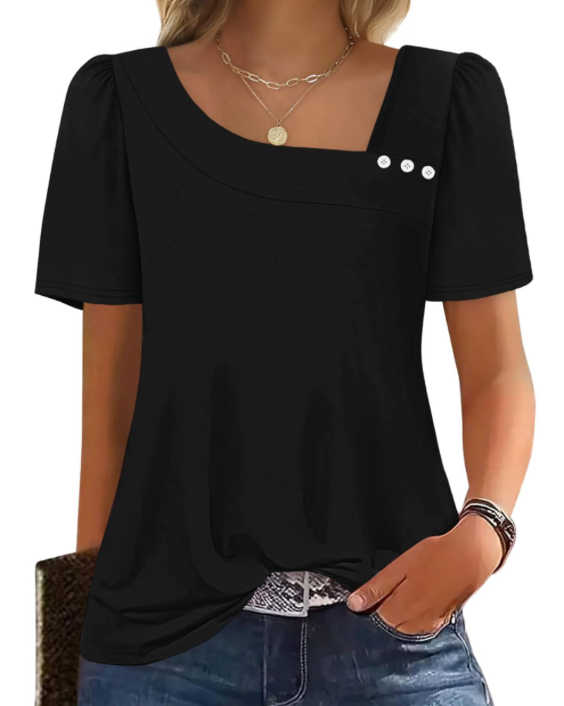 Emina Top Femme – Skjortekrave med knapper, korte pufærmer & elegant casual stil