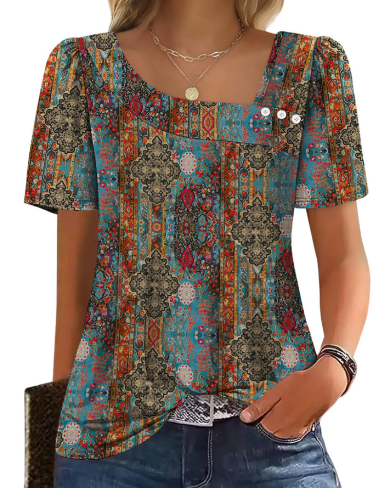 Emina Top Femme – Skjortekrave med knapper, korte pufærmer & elegant casual stil