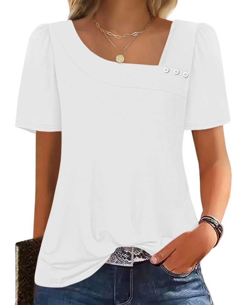 Emina Top Femme – Skjortekrave med knapper, korte pufærmer & elegant casual stil