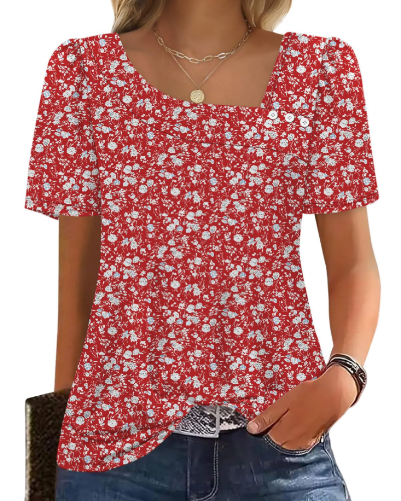 Emina Top Femme – Skjortekrave med knapper, korte pufærmer & elegant casual stil