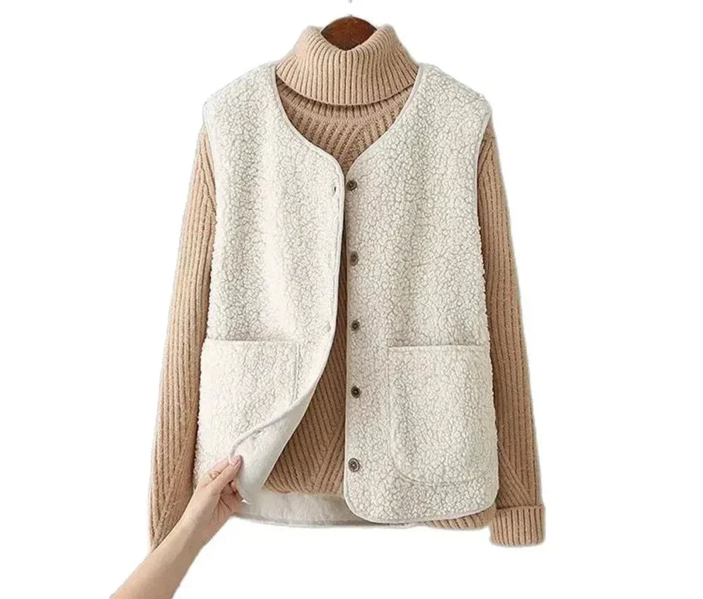 Colete Feminino Sem Mangas Kate – Sherpa Efeito Lã de Carneiro Quente, Leve e Descontraído