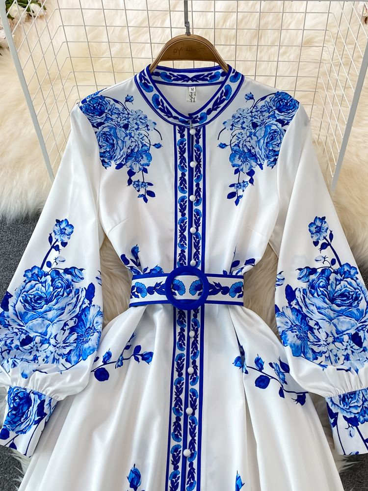 Alina Dámske Dlhé Šaty – Vintage Šaty s Kvetinovým Vzorom a Elegantnými Lampášovými Rukávmi