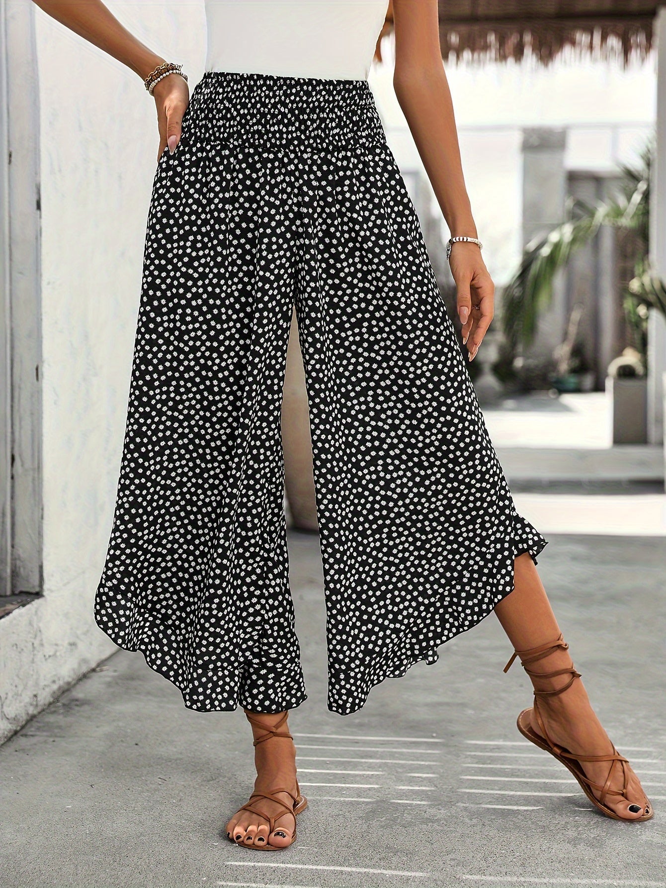 Floravia Pantalon Femme – Pantalon Taille Haute Fluide à Imprimé Floral Chic et Confortable