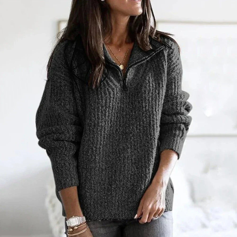 Macy Pull Femme – Demi-Zip pohodlný s volným střihem a žebrovanými detaily