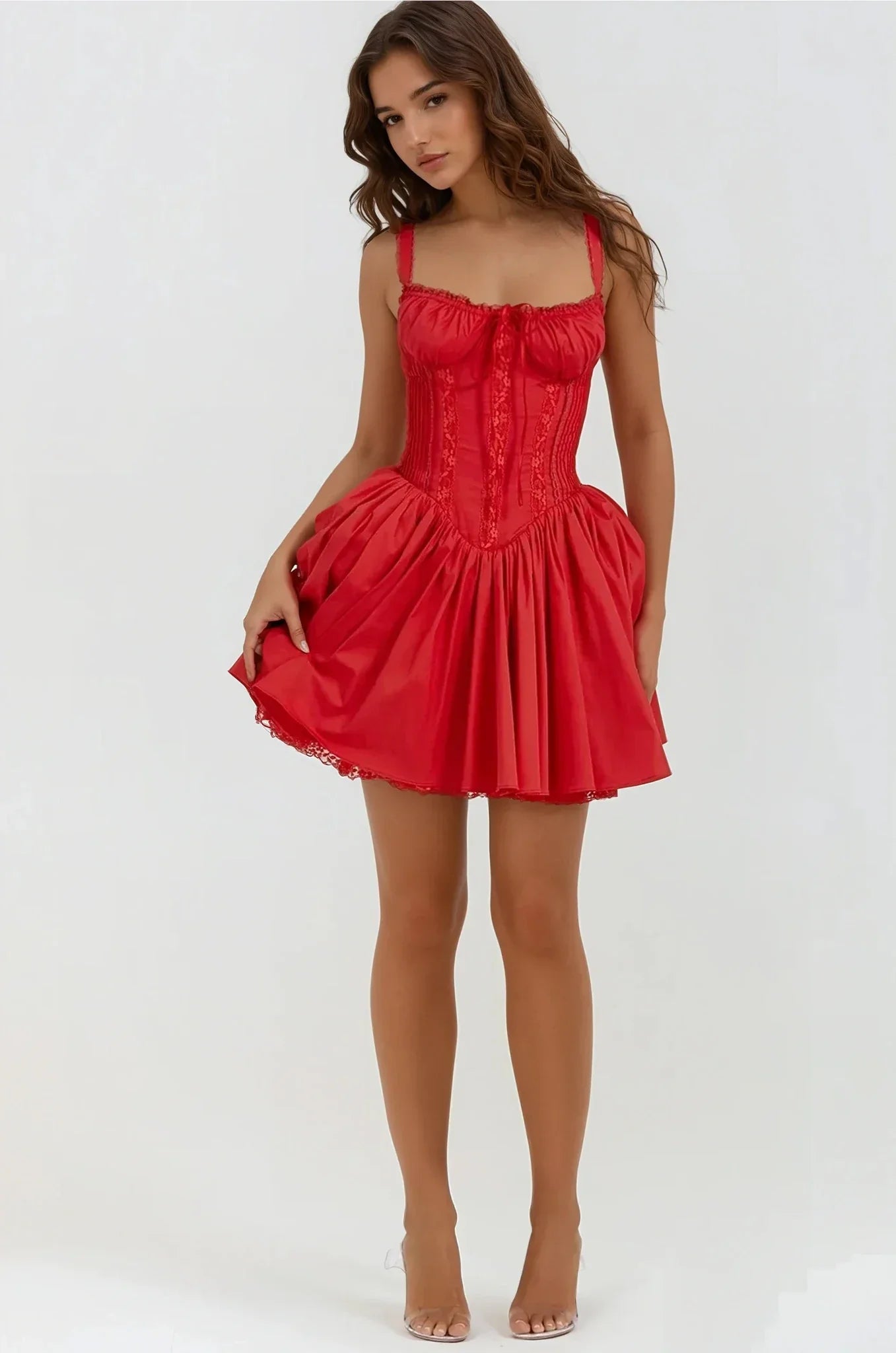 Syra Robe Courte Dame – Satin Corset Kjole med Udsvinget Babydoll Nederdel & Blonder Finish