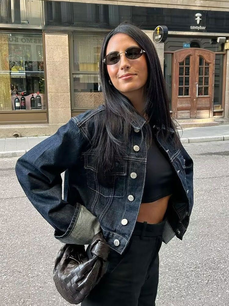 Bea Ensemble Denim Femme – Jachetă scurtă & blugi largi cu revere contrastante pentru un look la modă