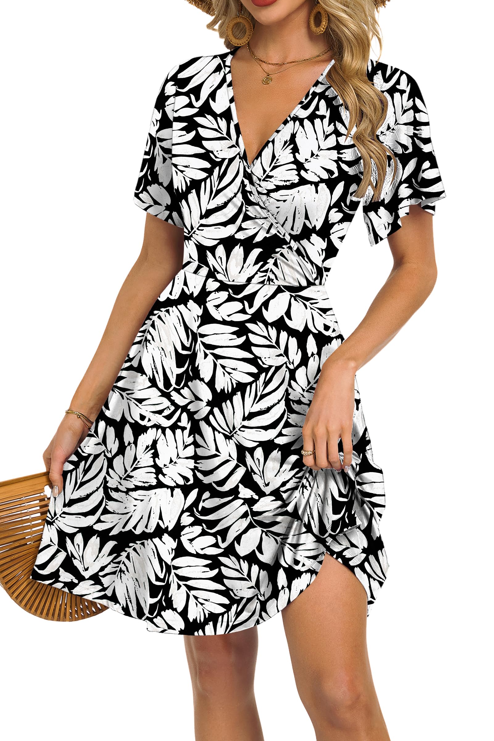 Rochie Mariselle pentru femei – Decolteu în V în stil cache-cœur floral, talie imperiu și buzunare, croială evazată, vară