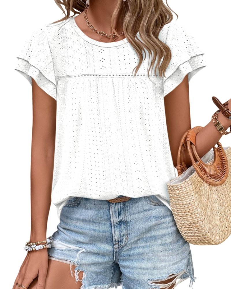 Isara Top Femme – Blusa com Ilhós e Folhos, Corte Babydoll Fluido & Estilo Verão Chic