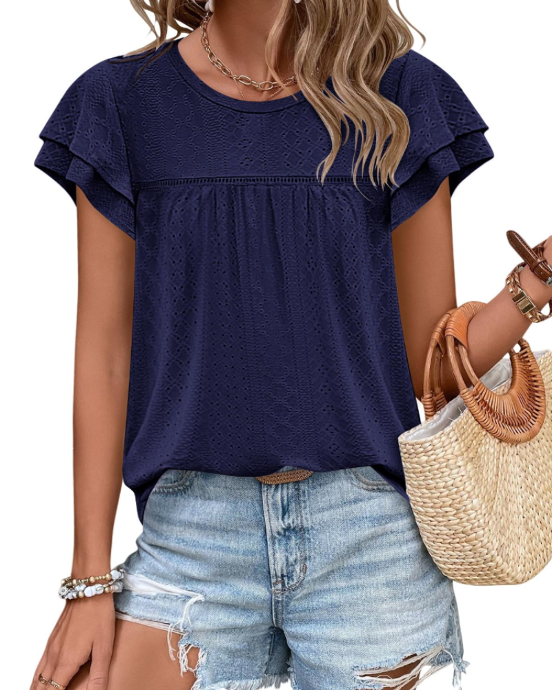 Isara Top Femme – Blusa com Ilhós e Folhos, Corte Babydoll Fluido & Estilo Verão Chic