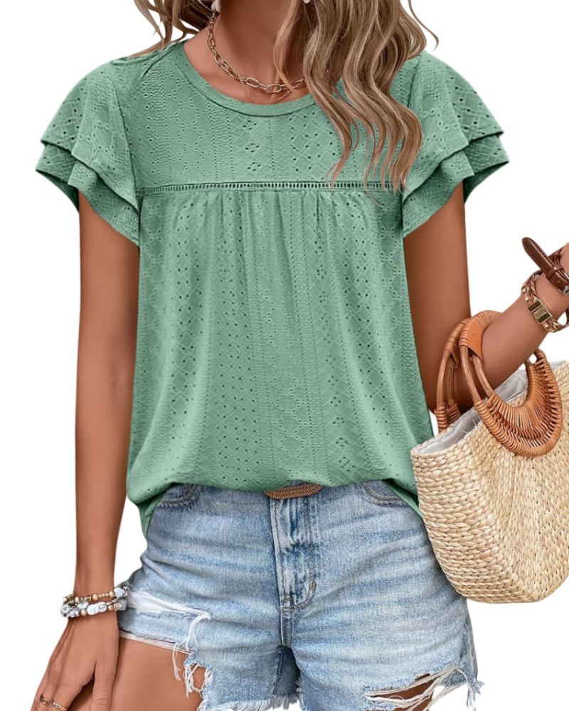 Isara Top Femme – Blusa com Ilhós e Folhos, Corte Babydoll Fluido & Estilo Verão Chic