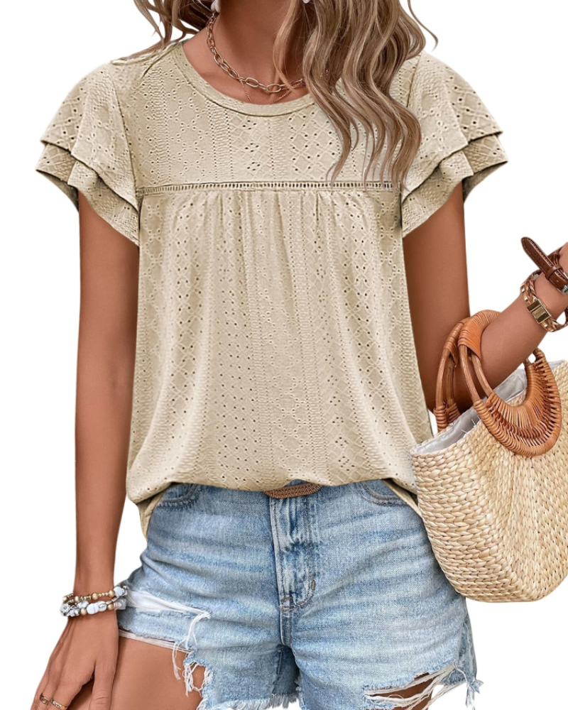 Isara Top Femme – Blusa com Ilhós e Folhos, Corte Babydoll Fluido & Estilo Verão Chic