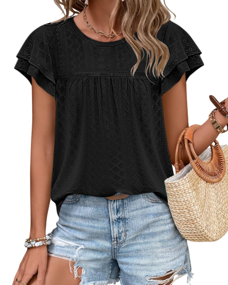 Isara Top Femme – Blusa com Ilhós e Folhos, Corte Babydoll Fluido & Estilo Verão Chic