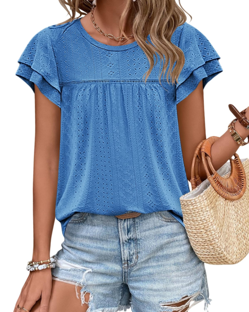 Isara Top Femme – Blusa com Ilhós e Folhos, Corte Babydoll Fluido & Estilo Verão Chic