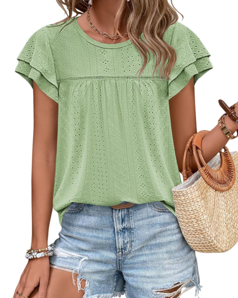 Isara Top Femme – Blusa com Ilhós e Folhos, Corte Babydoll Fluido & Estilo Verão Chic