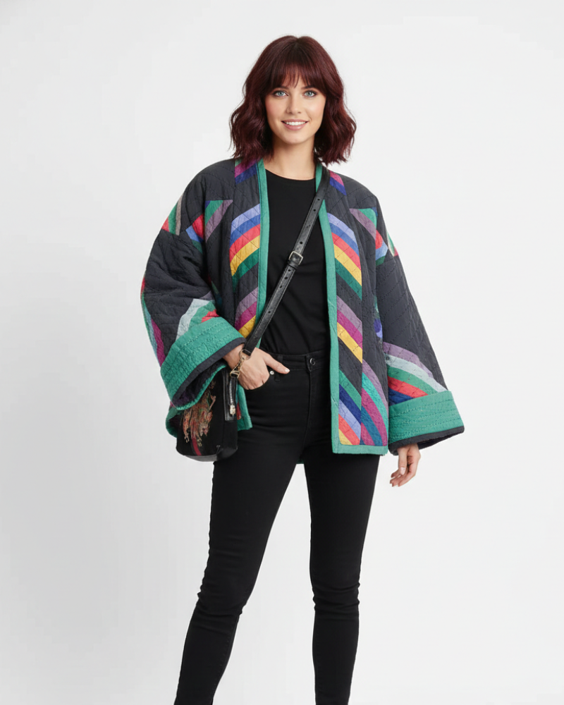 Zeline Vattert Jakke Dame – Oversized Retro Patchwork Frakk med Moderne Stil