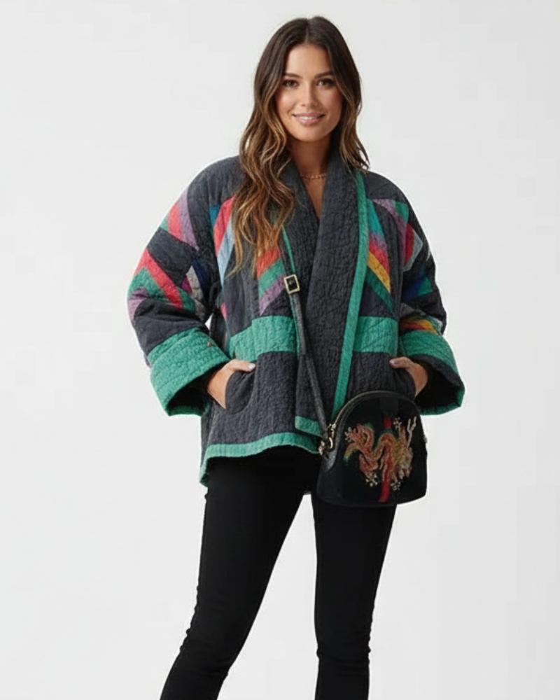 Zeline Vattert Jakke Dame – Oversized Retro Patchwork Frakk med Moderne Stil