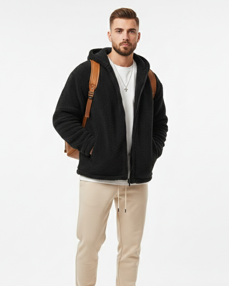 Lucio Men's Teddy Jacket – Warm Fleece with Hood, Zipper Closure & Secure Pockets