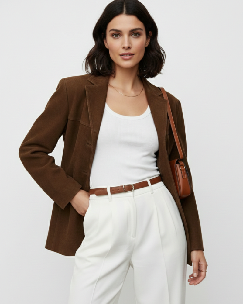 Sacou Sienna din piele întoarsă pentru femei – Jachetă elegantă cu croială modernă din piele întoarsă maro