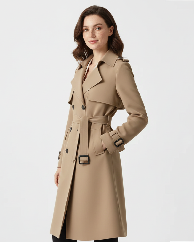Charlie Dames Trenchcoat – Elegante Halflange Jas met Dubbele Knopen en Getailleerde Pasvorm