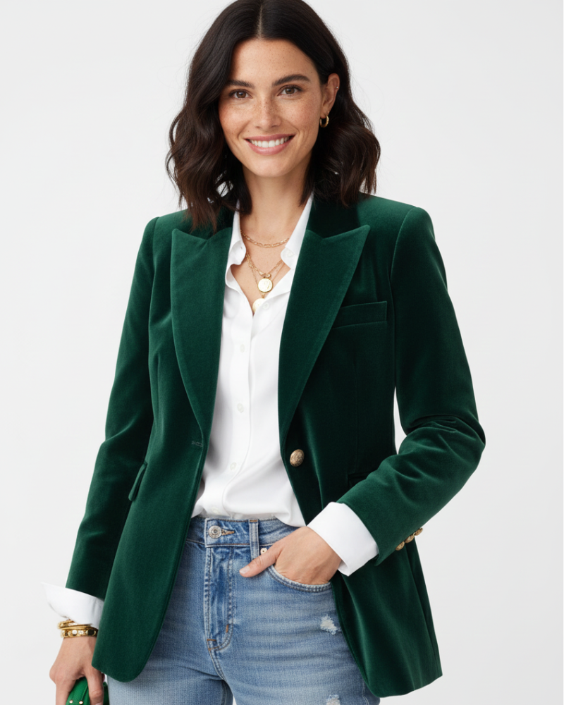 Haydee Blazer de Terciopelo para Mujer – Chaqueta Chic Verde con Botones Dorados y Corte Elegante