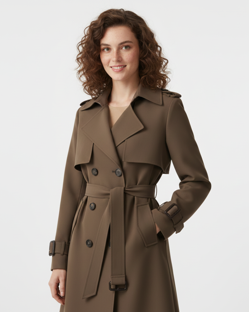 Charlie Dames Trenchcoat – Elegante Halflange Jas met Dubbele Knopen en Getailleerde Pasvorm