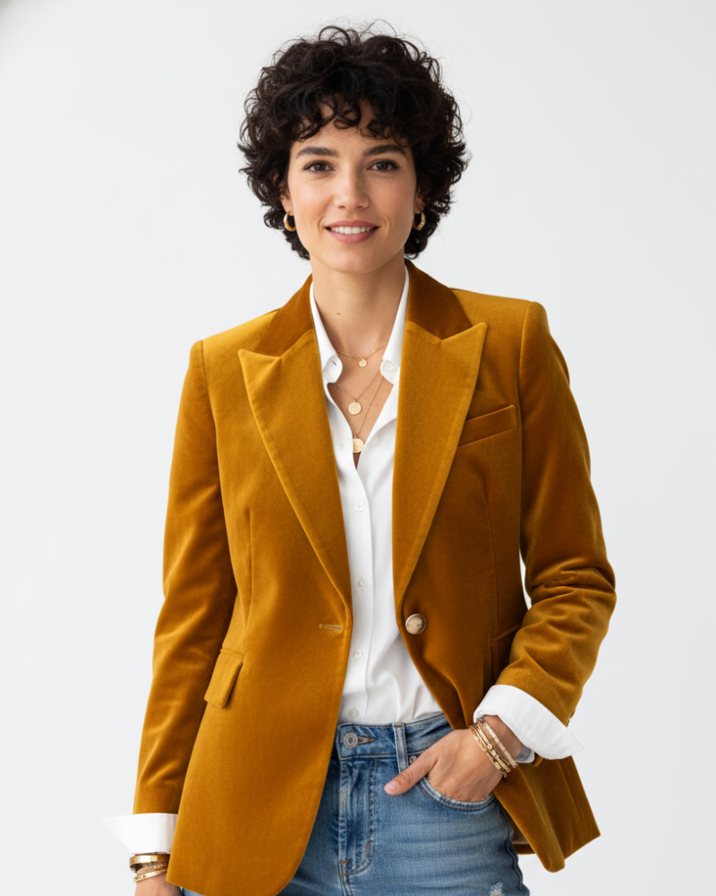 Haydee Blazer de Terciopelo para Mujer – Chaqueta Chic Verde con Botones Dorados y Corte Elegante