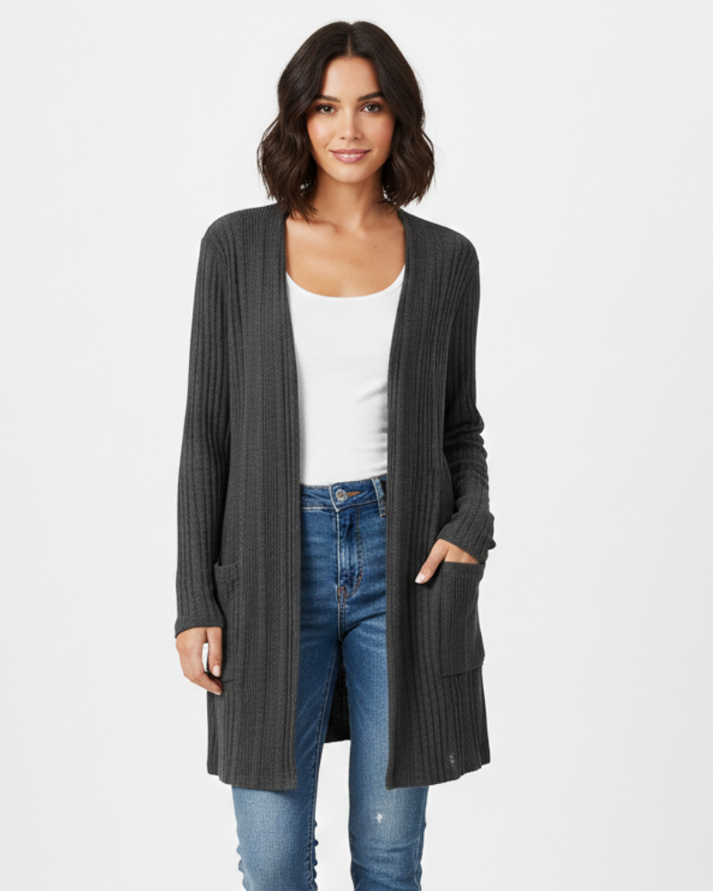 Isabelle Dámsky Dlhý Kardigán – Otvorený Rebrovaný Pletený Sveter s Vreckami a Voľným Strihom