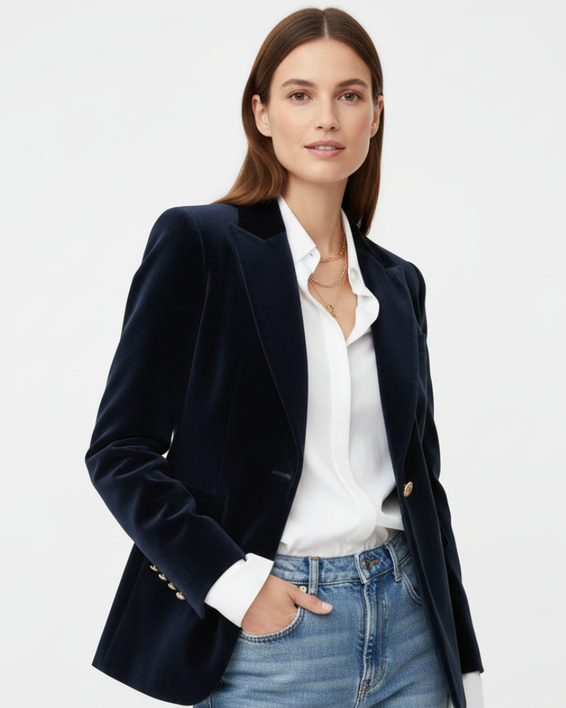 Haydee Blazer de Terciopelo para Mujer – Chaqueta Chic Verde con Botones Dorados y Corte Elegante