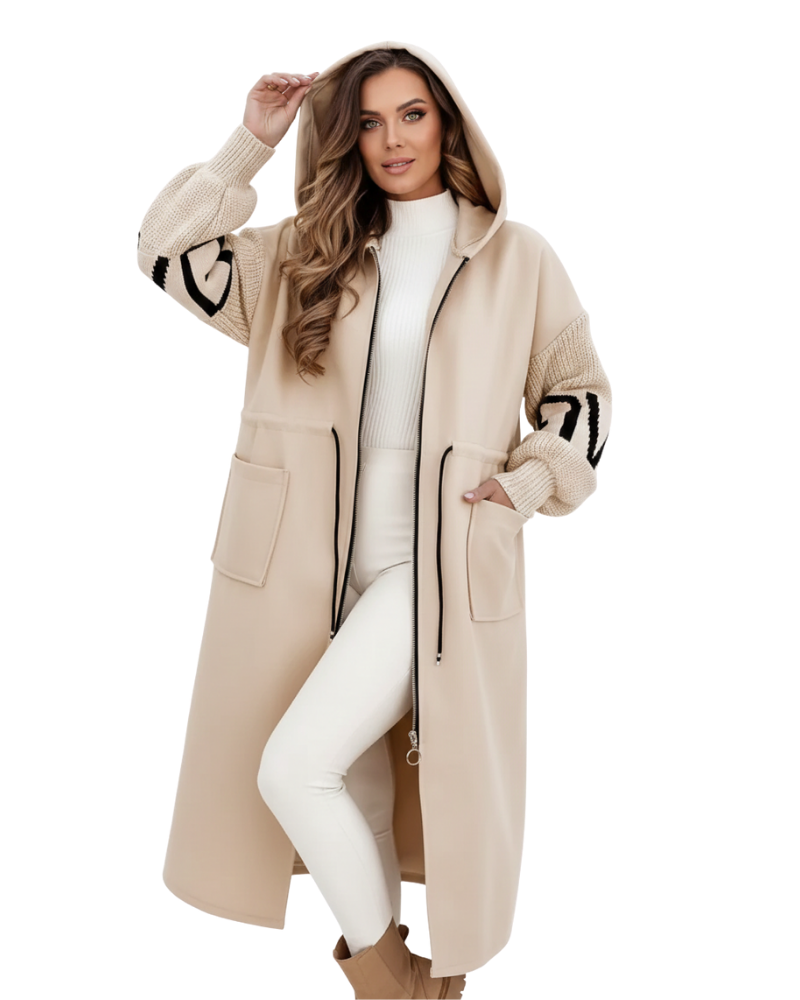 Ava Veste Patchwork Γυναικεία – Εφαρμοστό Αδιάβροχο Παλτό με Κουκούλα & Πλεκτά Μανίκια