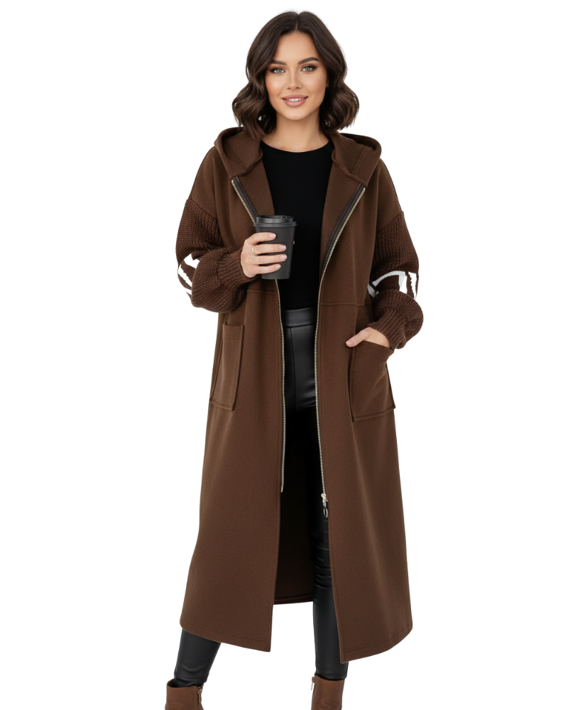 Ava Veste Patchwork Γυναικεία – Εφαρμοστό Αδιάβροχο Παλτό με Κουκούλα & Πλεκτά Μανίκια