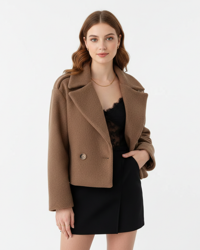 Melia Abrigo Corto Mujer – Chaqueta de Lana Doble Botonadura Corte Oversize y Solapa