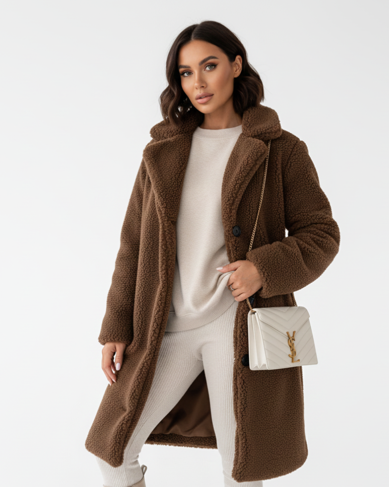 Ellen Manteau Teddy Largo Mujer – Chaqueta Caliente Beige con Corte Elegante y Confort Suave