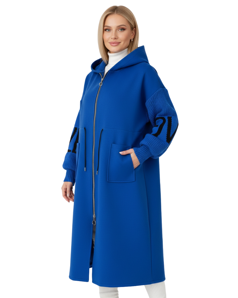 Ava Veste Patchwork Γυναικεία – Εφαρμοστό Αδιάβροχο Παλτό με Κουκούλα & Πλεκτά Μανίκια