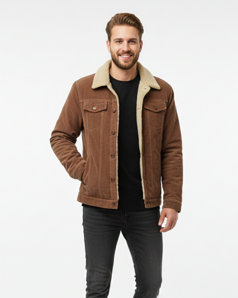 Chaqueta Trucker Mason para Hombre – Pana Forrada con Sherpa, Cuello Teddy y Botones Clásicos