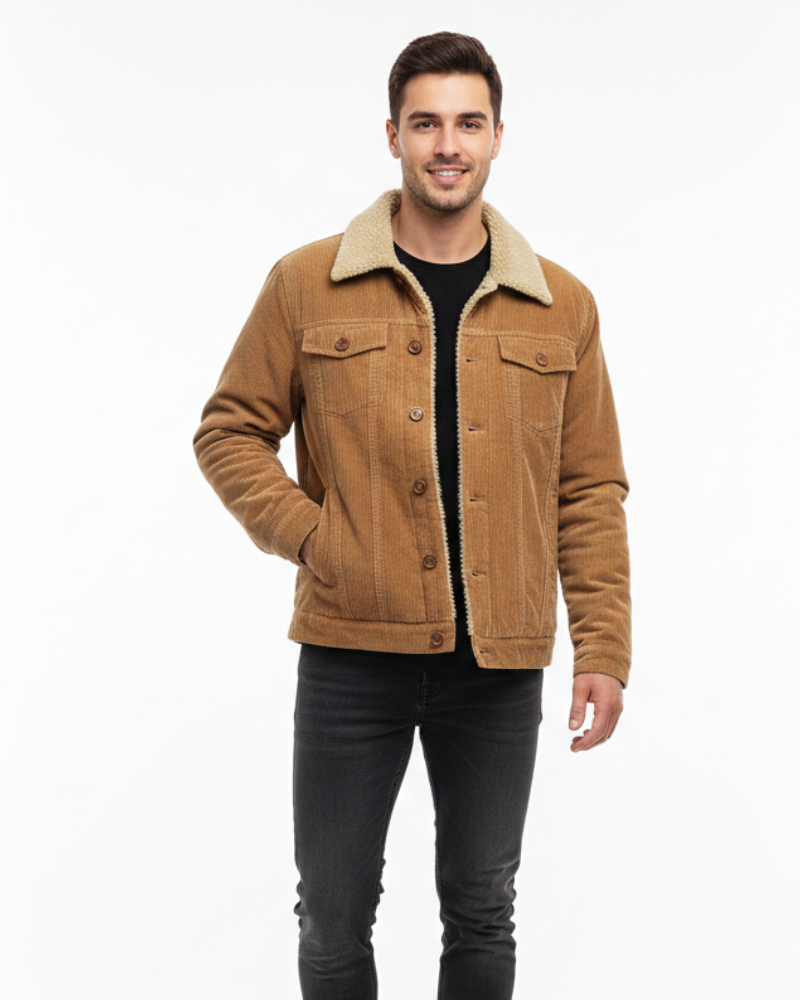 Chaqueta Trucker Mason para Hombre – Pana Forrada con Sherpa, Cuello Teddy y Botones Clásicos
