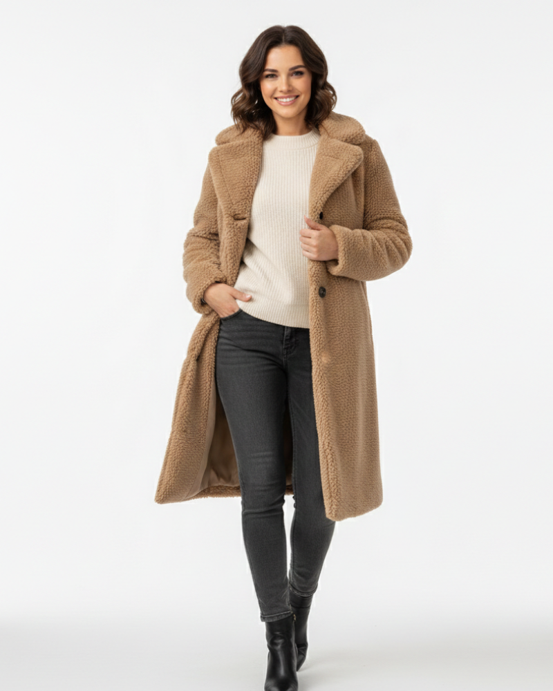 Angel Manteau Teddy Lungo Donna – Taglio Oversize Morbido con Collo a Risvolto e Chiusura con Bottoni