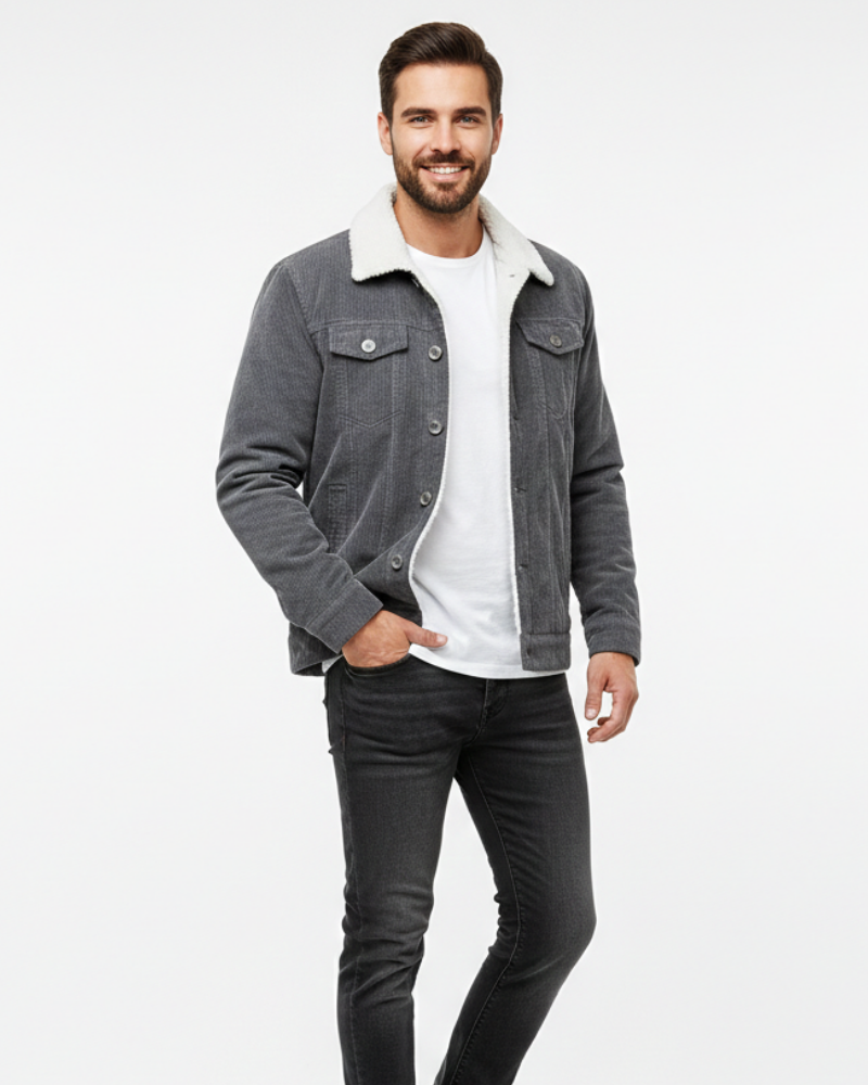 Chaqueta Trucker Mason para Hombre – Pana Forrada con Sherpa, Cuello Teddy y Botones Clásicos