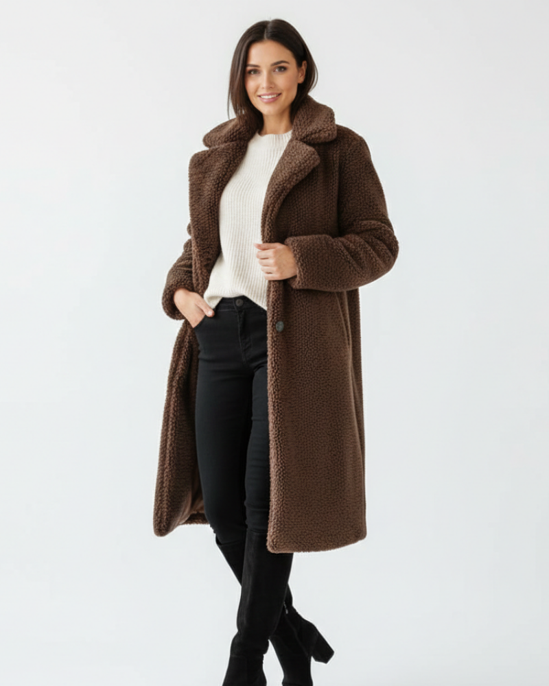 Angel Manteau Teddy Lungo Donna – Taglio Oversize Morbido con Collo a Risvolto e Chiusura con Bottoni