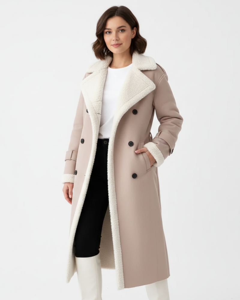 Rinna Long Coat for Women – Double-Breasted Suede Effect Jacket with Lined Collar & Chic Style