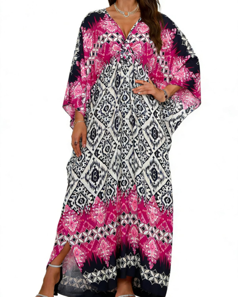 Janet Kaftan Femme Grande Taille – Maxi lepršava haljina za plažu, V-izrez i boho šišmiš rukavi